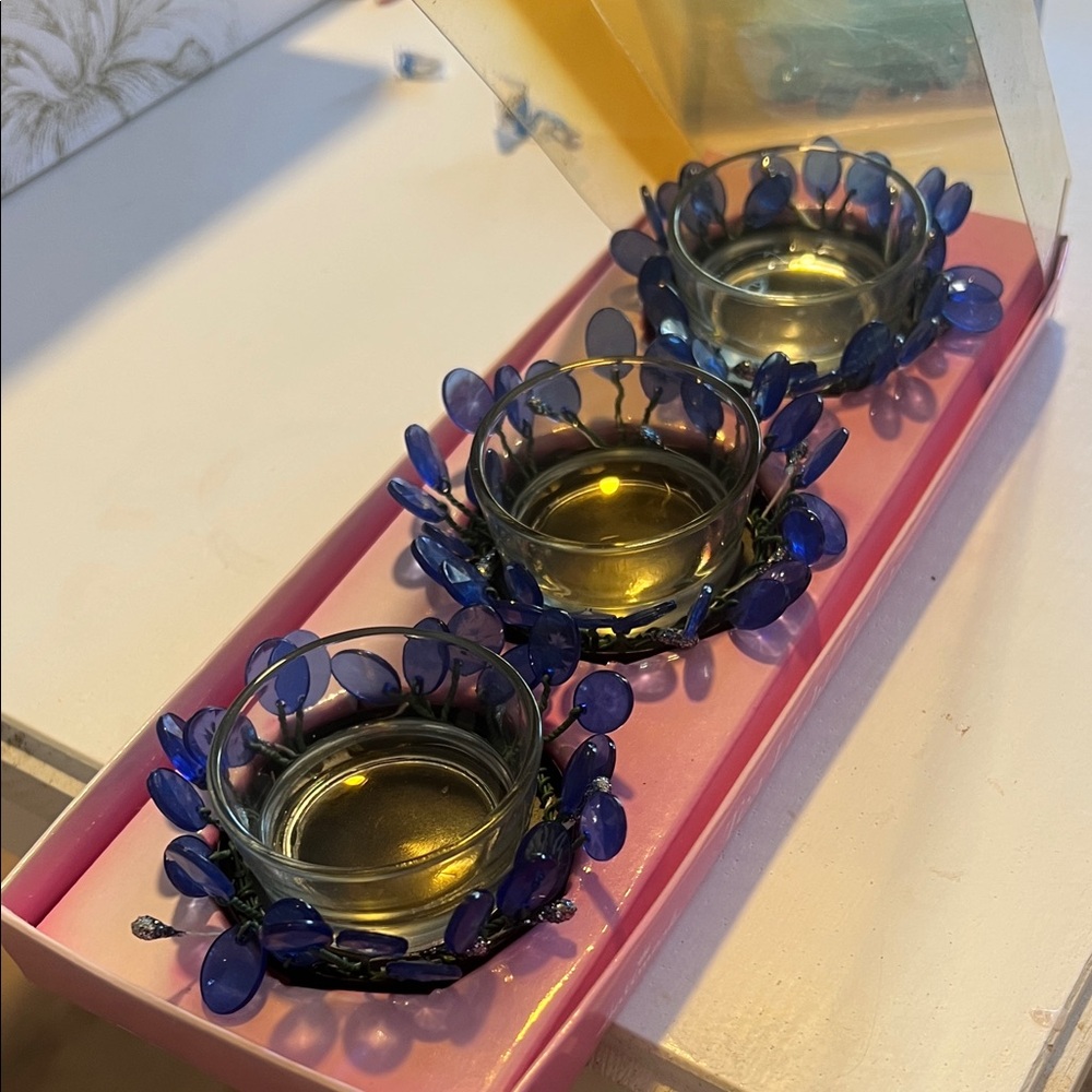 NIB- Hallmark Elegant Blue Glass Tealight Holder Set(3)